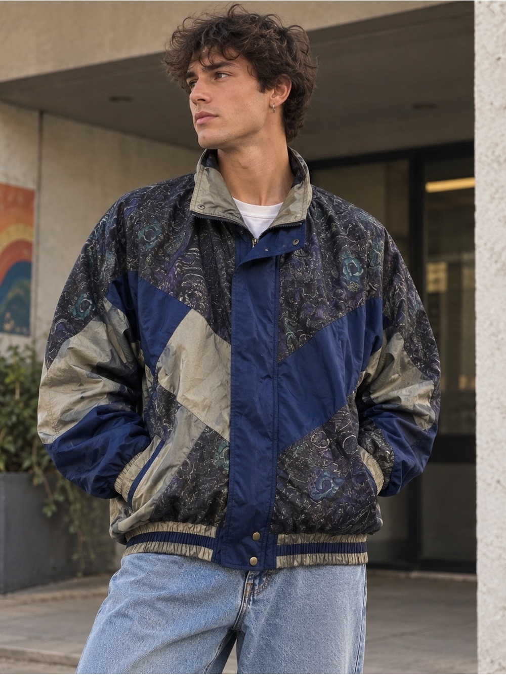 Vintage Lavon Colorblock Windbreaker Jacket Large 90s Blue Gray Geometric Nylon